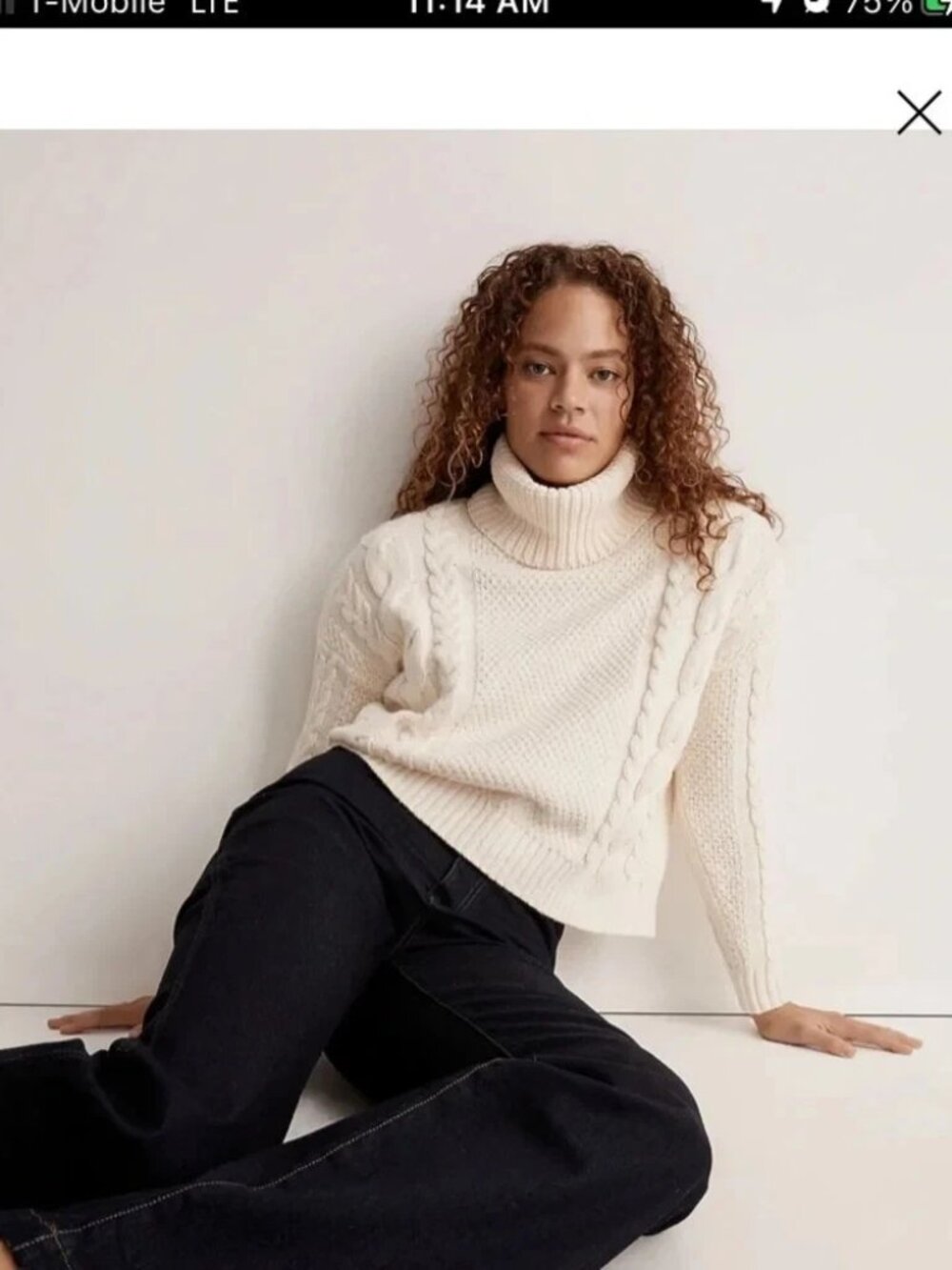 Madewell Cable Turtleneck Sweater Sz XS Pullover Ivory Fisherman Minimalist